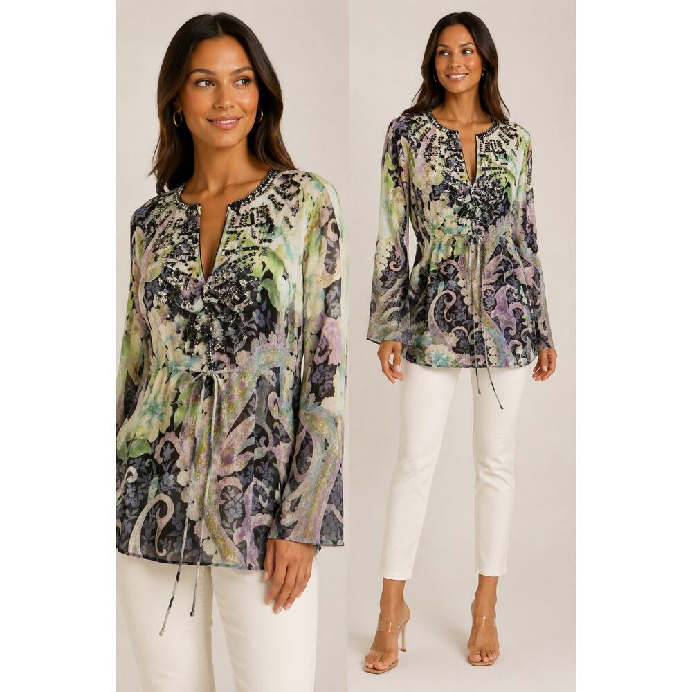 Cache Embellished Peasant Boho Sheer Illusion Drawstring Top Silk $128 NWT Sz XS